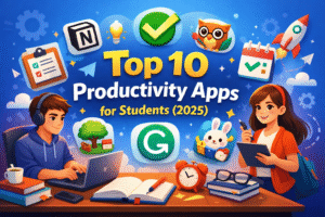 Illustration of students using productivity apps on laptop and tablet, showcasing top 10 productivity apps for students in 2025
