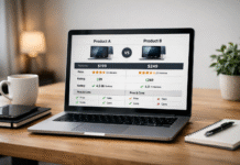 Honest Reviews and Comparisons: Make Informed Choices Every Time Ultra-realistic photograph of a modern review and comparison workspace with a laptop displaying side-by-side product comparison charts, ratings, prices, and pros and cons on a clean desk with soft natural lighting.