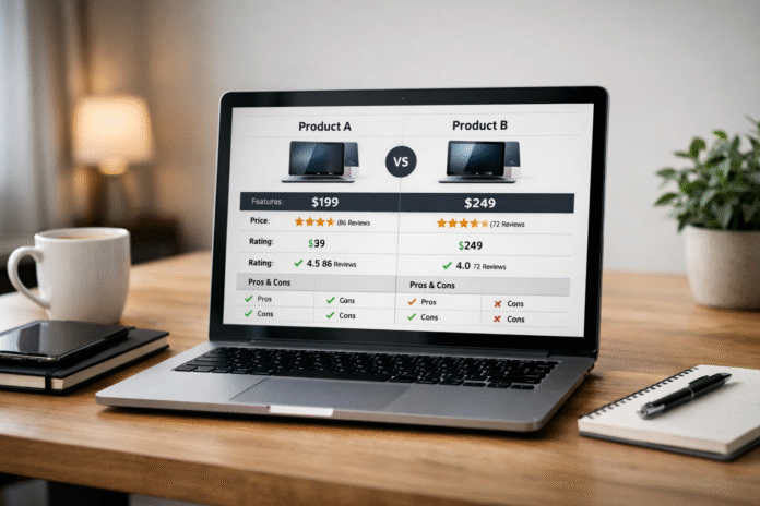 Ultra-realistic photograph of a modern review and comparison workspace with a laptop displaying side-by-side product comparison charts, ratings, prices, and pros and cons on a clean desk with soft natural lighting.