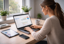 How to Be More Productive in 2025: Simple Habits That Actually Work Young professional woman working on laptop with productivity apps at a modern desk in 2025