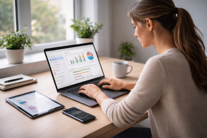 Young professional woman working on laptop with productivity apps at a modern desk in 2025