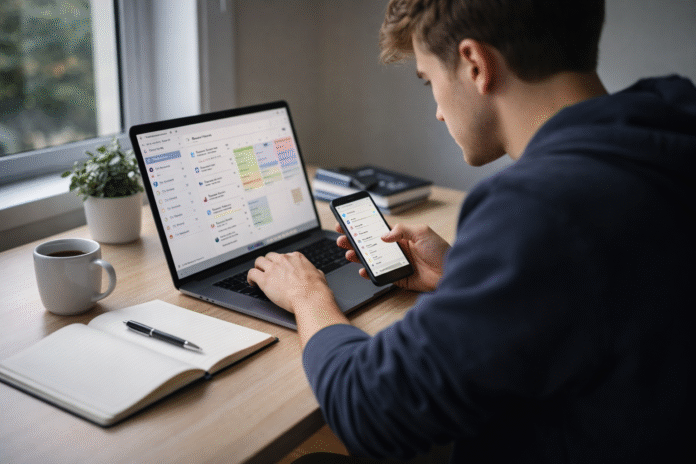 Student studying using productivity apps on laptop and smartphone in a modern workspace in 2025