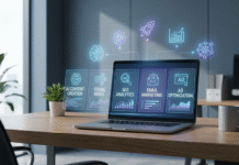 AI Tools for Digital Marketing in 2026: Compare & Choose the Best A high-resolution illustration of a modern marketing workspace featuring a laptop with AI dashboards for SEO, social media, and ad optimization, with glowing holographic data icons floating above the desk.