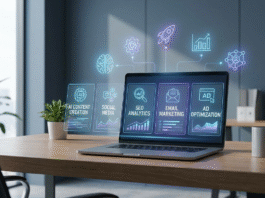 A high-resolution illustration of a modern marketing workspace featuring a laptop with AI dashboards for SEO, social media, and ad optimization, with glowing holographic data icons floating above the desk.