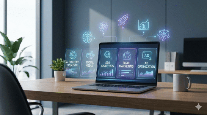A high-resolution illustration of a modern marketing workspace featuring a laptop with AI dashboards for SEO, social media, and ad optimization, with glowing holographic data icons floating above the desk.