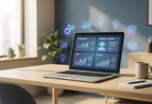 AI Tools for Small Businesses in 2026: Smart Solutions for Faster Growth A modern, clean office desk featuring a laptop with AI dashboards for marketing, sales, and finance, surrounded by floating holographic icons representing automation and data analytics in warm, natural lighting.