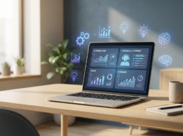 A modern, clean office desk featuring a laptop with AI dashboards for marketing, sales, and finance, surrounded by floating holographic icons representing automation and data analytics in warm, natural lighting.