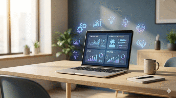 AI tools for small businesses A modern, clean office desk featuring a laptop with AI dashboards for marketing, sales, and finance, surrounded by floating holographic icons representing automation and data analytics in warm, natural lighting.