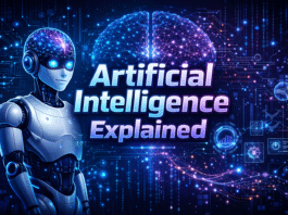 Ultra-realistic futuristic illustration showing “Artificial Intelligence Explained” 3D text with a humanoid AI robot featuring a glowing transparent brain, surrounded by neural networks, data streams, and digital technology elements.