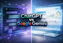 ChatGPT vs Google Gemini: In-Depth Review & Comparison – Which AI Assistant Is Best in 2026? Split-screen digital illustration comparing ChatGPT and Google Gemini, with a futuristic AI chat interface on the left and a Google-style productivity dashboard on the right, featuring glowing text reading “ChatGPT vs Google Gemini.”