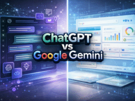 ChatGPT vs Google Gemini: In-Depth Review & Comparison – Which AI Assistant Is Best in 2026? Split-screen digital illustration comparing ChatGPT and Google Gemini, with a futuristic AI chat interface on the left and a Google-style productivity dashboard on the right, featuring glowing text reading “ChatGPT vs Google Gemini.”