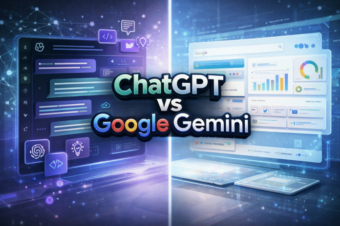 ChatGPT vs Google Gemini Split-screen digital illustration comparing ChatGPT and Google Gemini, with a futuristic AI chat interface on the left and a Google-style productivity dashboard on the right, featuring glowing text reading “ChatGPT vs Google Gemini.”