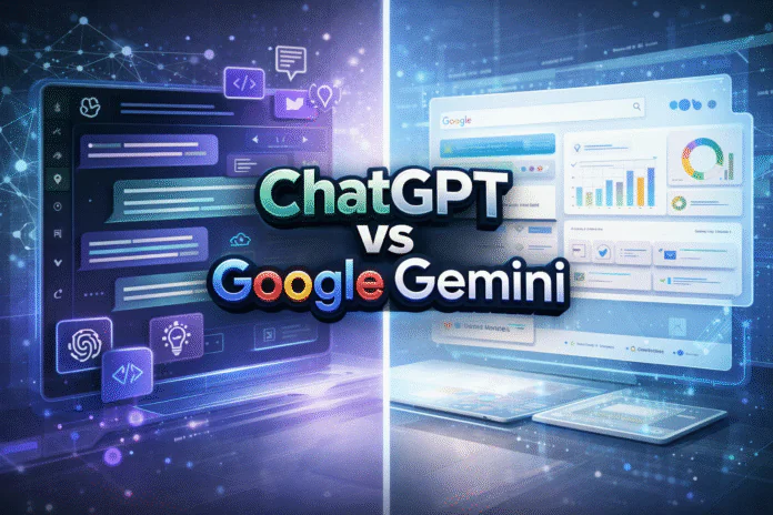Split-screen digital illustration comparing ChatGPT and Google Gemini, with a futuristic AI chat interface on the left and a Google-style productivity dashboard on the right, featuring glowing text reading “ChatGPT vs Google Gemini.”