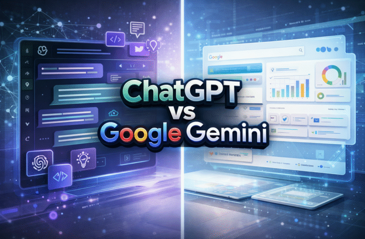 Split-screen digital illustration comparing ChatGPT and Google Gemini, with a futuristic AI chat interface on the left and a Google-style productivity dashboard on the right, featuring glowing text reading “ChatGPT vs Google Gemini.”