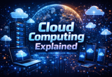 Cloud Computing Explained: A Simple Guide for Beginners Ultra-realistic futuristic illustration showing “Cloud Computing Explained” 3D text, surrounded by cloud icons, connected devices (laptops, tablets, smartphones), server racks, data streams, and a holographic globe with global data connections.