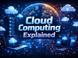 Ultra-realistic futuristic illustration showing “Cloud Computing Explained” 3D text, surrounded by cloud icons, connected devices (laptops, tablets, smartphones), server racks, data streams, and a holographic globe with global data connections.