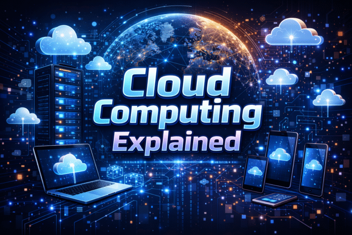 Ultra-realistic futuristic illustration showing “Cloud Computing Explained” 3D text, surrounded by cloud icons, connected devices (laptops, tablets, smartphones), server racks, data streams, and a holographic globe with global data connections.