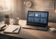 The Power of Daily Routines: How to Build Habits That Boost Productivity Calm and organized morning workspace with a laptop showing a productivity dashboard, a notebook with a daily routine checklist, coffee cup, and soft natural sunlight.