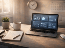 Calm and organized morning workspace with a laptop showing a productivity dashboard, a notebook with a daily routine checklist, coffee cup, and soft natural sunlight.
