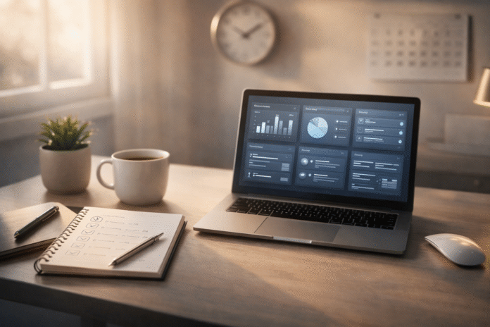 Calm and organized morning workspace with a laptop showing a productivity dashboard, a notebook with a daily routine checklist, coffee cup, and soft natural sunlight.