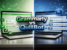 Grammarly vs QuillBot: Honest Comparison – Which Writing Tool Is Better in 2026? Split-screen digital illustration comparing Grammarly and QuillBot, showing Grammarly’s green grammar-check interface on the left and QuillBot’s blue AI paraphrasing interface on the right, with bold text reading “Grammarly vs QuillBot” in the center.