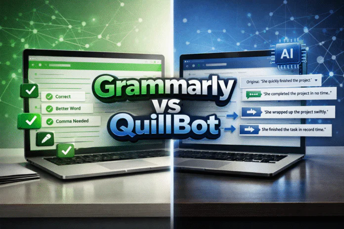 Split-screen digital illustration comparing Grammarly and QuillBot, showing Grammarly’s green grammar-check interface on the left and QuillBot’s blue AI paraphrasing interface on the right, with bold text reading “Grammarly vs QuillBot” in the center.