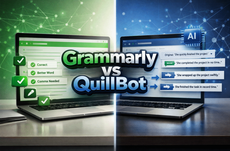 Split-screen digital illustration comparing Grammarly and QuillBot, showing Grammarly’s green grammar-check interface on the left and QuillBot’s blue AI paraphrasing interface on the right, with bold text reading “Grammarly vs QuillBot” in the center.
