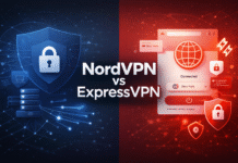 NordVPN vs ExpressVPN Comparison 2026 – Speed, Security, Pricing & Streaming Tested Minimal split-screen digital illustration comparing NordVPN and ExpressVPN, with blue security and server icons on the left and red VPN interface, speed, and global privacy visuals on the right, featuring centered text reading “NordVPN vs ExpressVPN.”