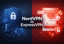 NordVPN vs ExpressVPN Comparison 2026 – Speed, Security, Pricing & Streaming Tested Minimal split-screen digital illustration comparing NordVPN and ExpressVPN, with blue security and server icons on the left and red VPN interface, speed, and global privacy visuals on the right, featuring centered text reading “NordVPN vs ExpressVPN.”