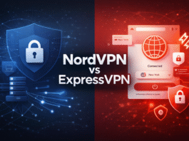 NordVPN vs ExpressVPN Comparison 2026 – Speed, Security, Pricing & Streaming Tested Minimal split-screen digital illustration comparing NordVPN and ExpressVPN, with blue security and server icons on the left and red VPN interface, speed, and global privacy visuals on the right, featuring centered text reading “NordVPN vs ExpressVPN.”