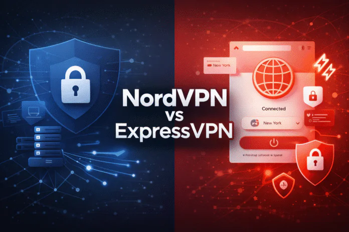 NordVPN vs ExpressVPN Minimal split-screen digital illustration comparing NordVPN and ExpressVPN, with blue security and server icons on the left and red VPN interface, speed, and global privacy visuals on the right, featuring centered text reading “NordVPN vs ExpressVPN.”