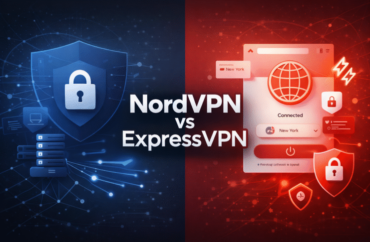 Minimal split-screen digital illustration comparing NordVPN and ExpressVPN, with blue security and server icons on the left and red VPN interface, speed, and global privacy visuals on the right, featuring centered text reading “NordVPN vs ExpressVPN.”