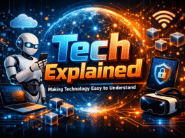 Ultra-high-resolution tech blog featured image showing “Tech Explained” 3D text with a friendly humanoid robot holding a smartphone, surrounded by modern technology icons like cloud computing, cybersecurity, blockchain, VR, Wi-Fi, and a glowing digital globe.