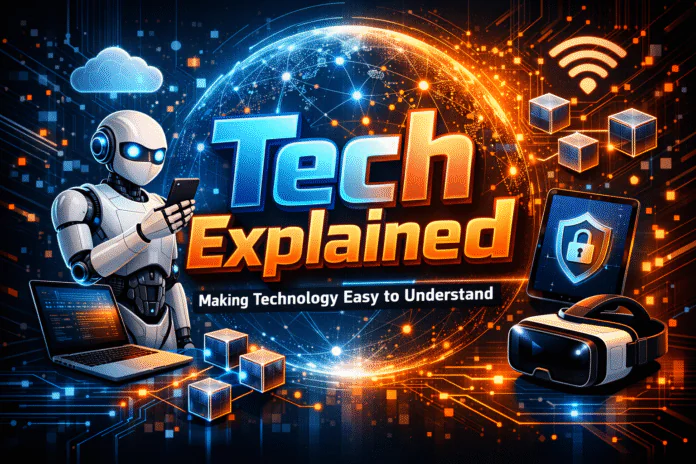 Ultra-high-resolution tech blog featured image showing “Tech Explained” 3D text with a friendly humanoid robot holding a smartphone, surrounded by modern technology icons like cloud computing, cybersecurity, blockchain, VR, Wi-Fi, and a glowing digital globe.