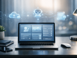 Beginner-friendly AI workspace with a laptop displaying simple AI tools like writing assistants, task managers, and automation dashboards in a clean modern desk setup.