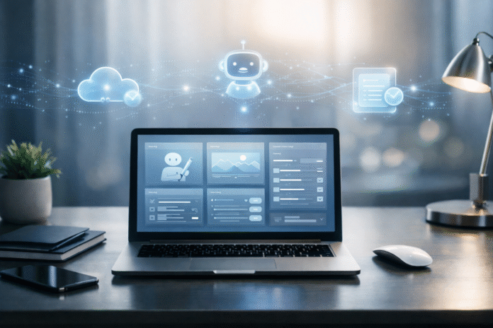 Beginner-friendly AI workspace with a laptop displaying simple AI tools like writing assistants, task managers, and automation dashboards in a clean modern desk setup.