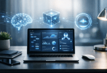 Best AI Tools for Productivity in 2026: Work Smarter, Not Harder Ultra-realistic AI-powered productivity workspace with a laptop displaying AI dashboards, automation workflows, and data analytics in a modern office setup.