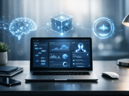 Ultra-realistic AI-powered productivity workspace with a laptop displaying AI dashboards, automation workflows, and data analytics in a modern office setup.