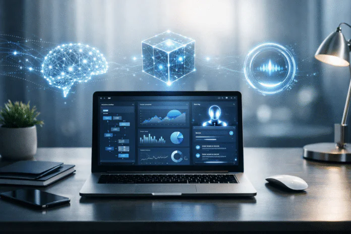 best AI tools for productivity Ultra-realistic AI-powered productivity workspace with a laptop displaying AI dashboards, automation workflows, and data analytics in a modern office setup.