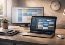 Time Blocking for Productivity: How to Take Control of Your Day Minimal modern workspace focused on time management with a laptop showing a productivity schedule, a digital calendar with time blocks, and a softly glowing clock