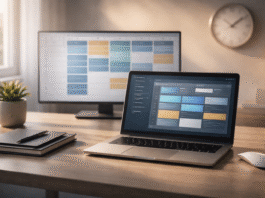 Minimal modern workspace focused on time management with a laptop showing a productivity schedule, a digital calendar with time blocks, and a softly glowing clock