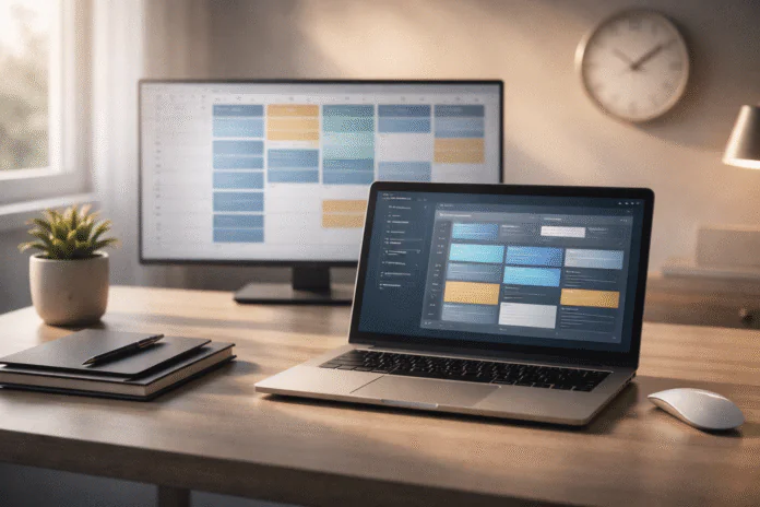 Minimal modern workspace focused on time management with a laptop showing a productivity schedule, a digital calendar with time blocks, and a softly glowing clock
